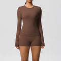New arrival: european and american style solid color double-sided brushed nylon long-sleeve yoga set - activewear two-piece for running and fitness