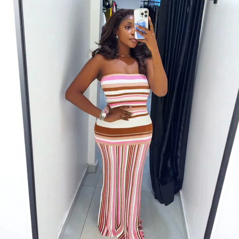 European and american cross-border women's fashion  summer new arrival: elegant bandeau striped sleeveless bodycon mini dress