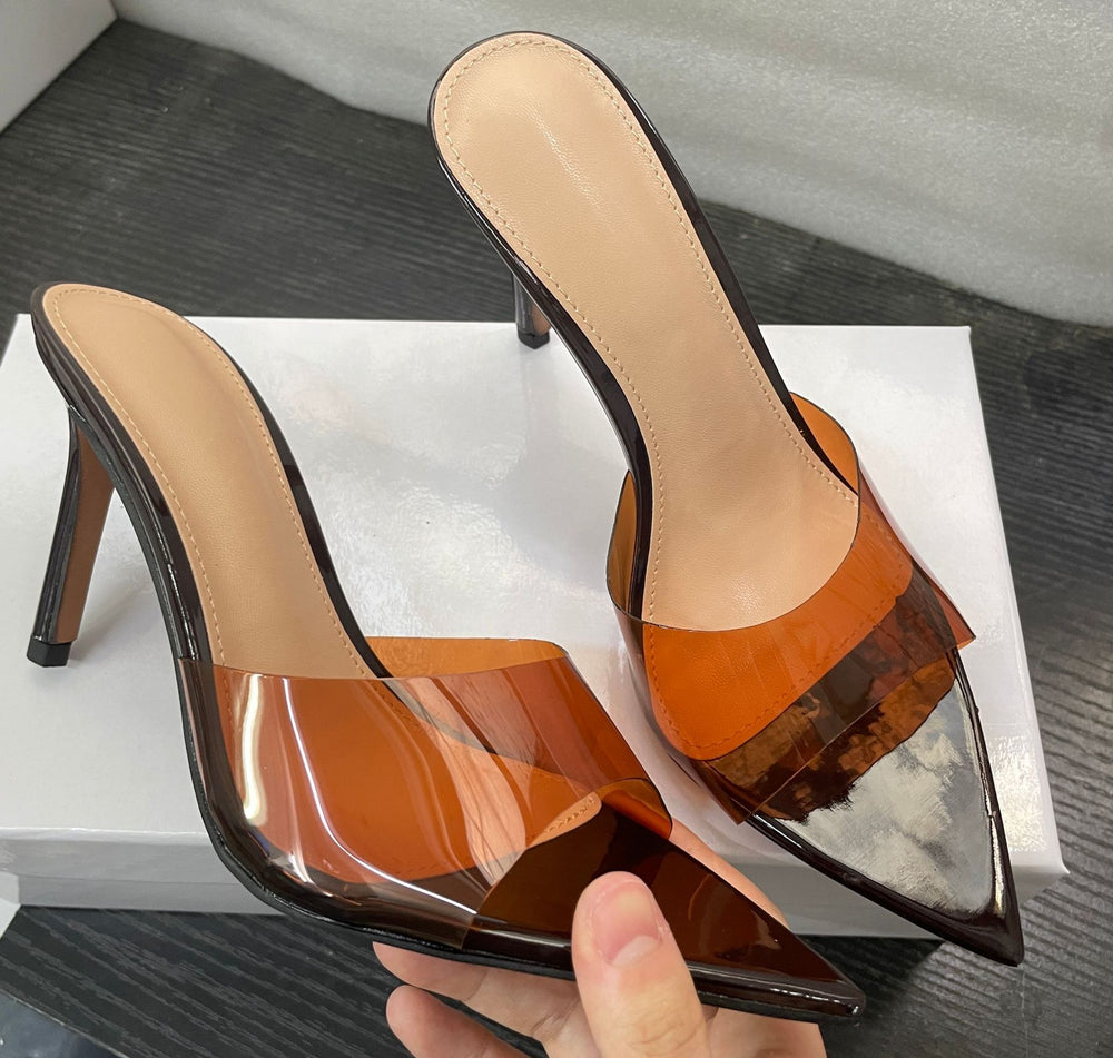 Wo huizhou european and american women's shoes transparent one-line high heels stiletto pointed toe not tired feet easiest for match summer slippers outwear