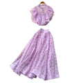 French chic two-piece set: women's gentle style round neck ruffle trim heart print top + high-waisted flared midi skirt