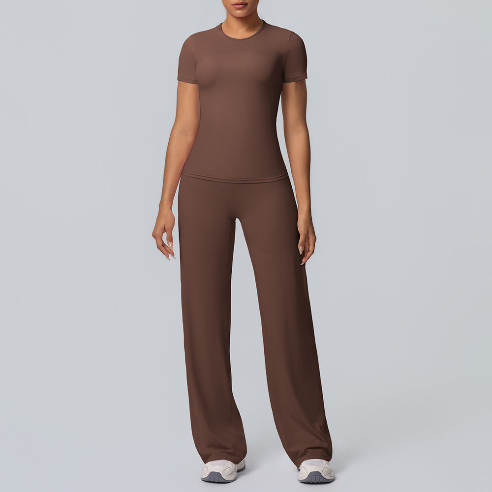 double-sided brushed pure color tight training long sleeves wide-leg yoga suit sports running fitness two-piece set