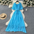 European and american fashion dress - women's french design with shawl sleeves, tie waist, elegant drape, pleated chiffon maxi dress