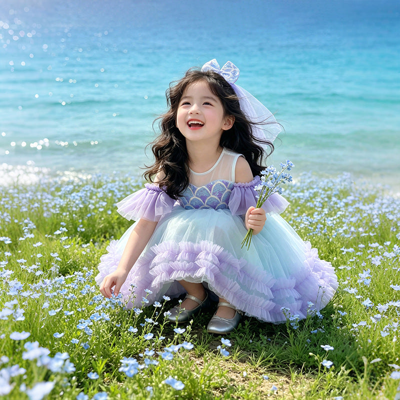 Wholesale rainbow floral princess dress for girls and toddlers - off-the-shoulder birthday dress, dance performance costume - in stock