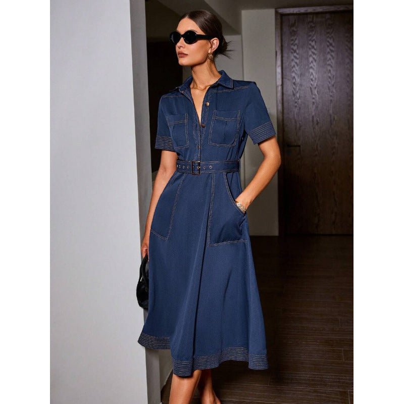fashionautumretro lapel casualpatchwork button flap pocket pants design silm short-sleeved dress