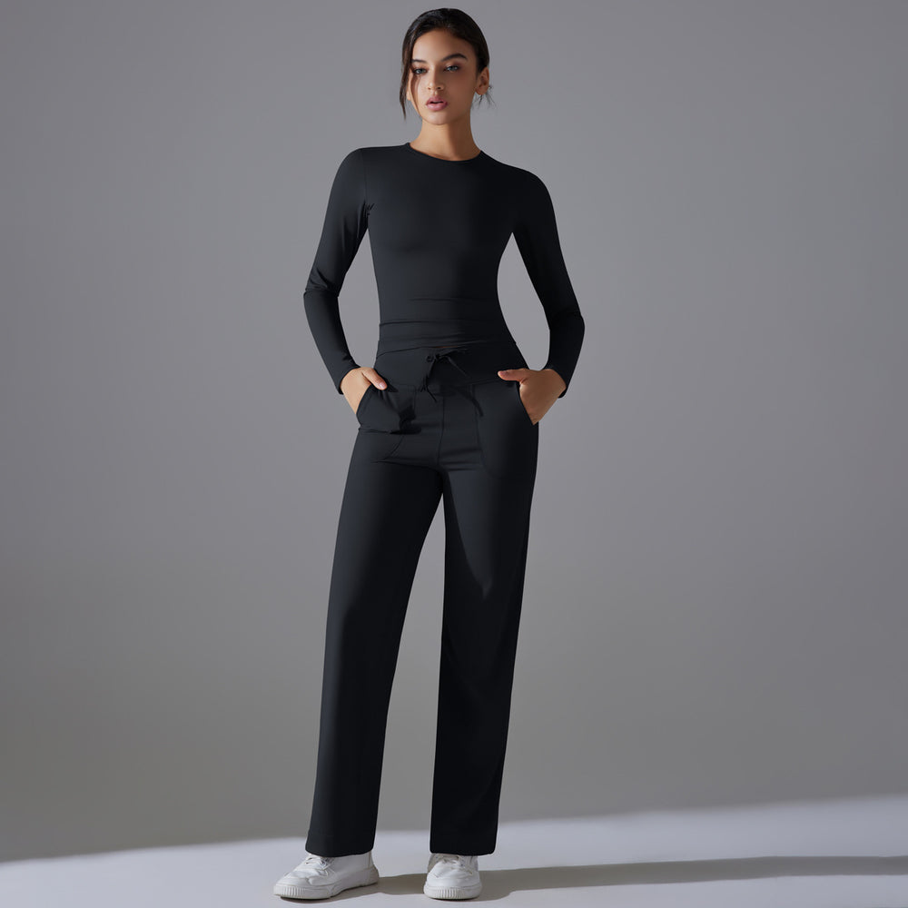 double-sided nylon pure colorlonglong sleeves yoga suit suithigh waist wide leg sports running fitness two-piece set