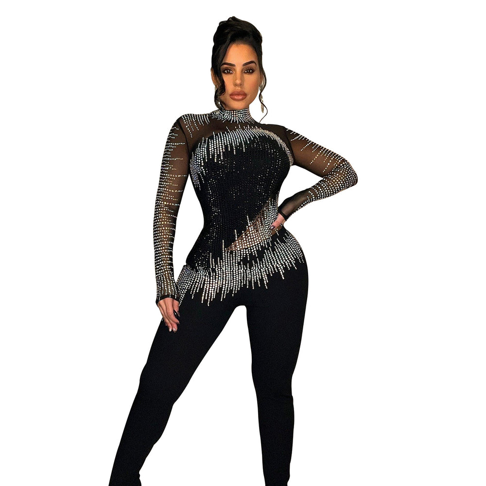 C6226 cross-border   fashion women's solid color mesh rhinestone long sleeve pants jumpsuit