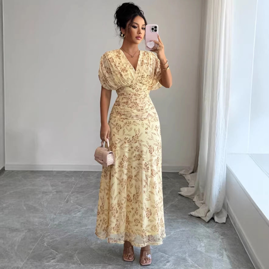 european and american cross-border summer women's new floral v-neck puff sleeve dress