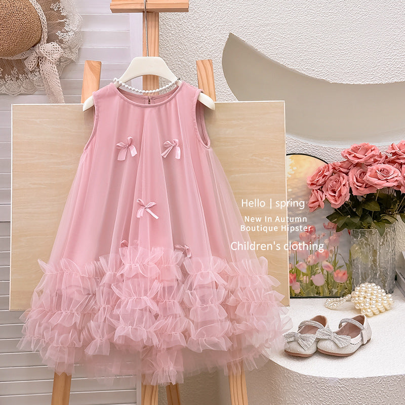 Girls' princess dress  new arrival: ethereal sleeveless summer mesh dress with bow detail