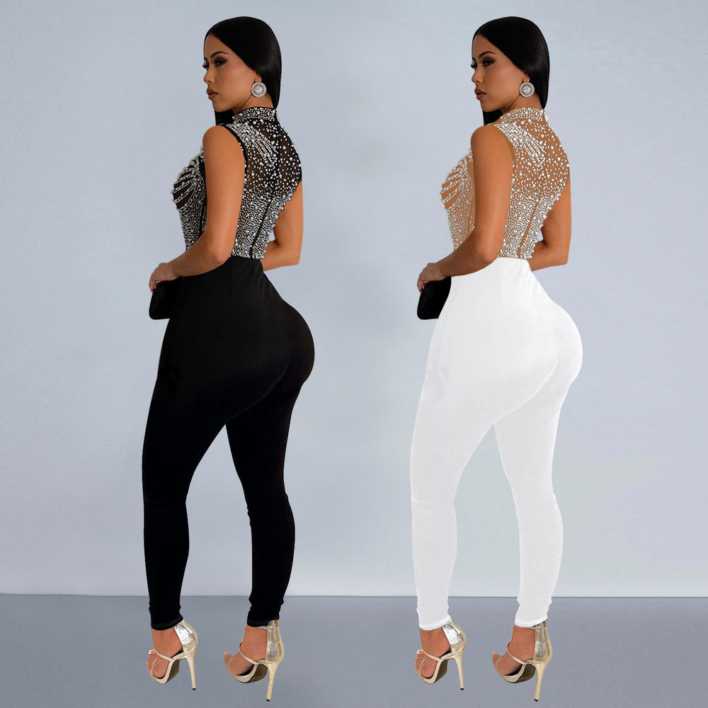 C7168 cross-border   fashion women's solid color mesh rhinestone pants jumpsuit new arrival