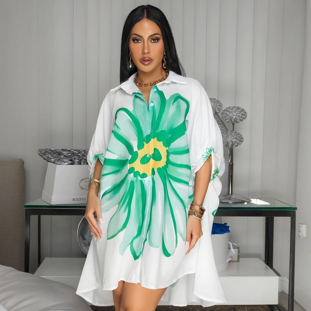 CY901788 European and American  women's clothing casual fashion printed shirt cardigan dress lapel print skirt