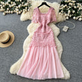 Frenchromantic atmosphere square neck dress female summer mesh embroiderpatchworksense of design royal sister elegant long skirt