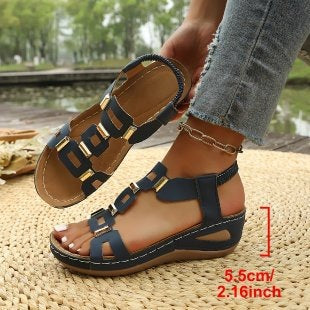 Elastic slip-on sandals for women, new summer  collection, plus size wedge heel, open-toe design with metal embellishments