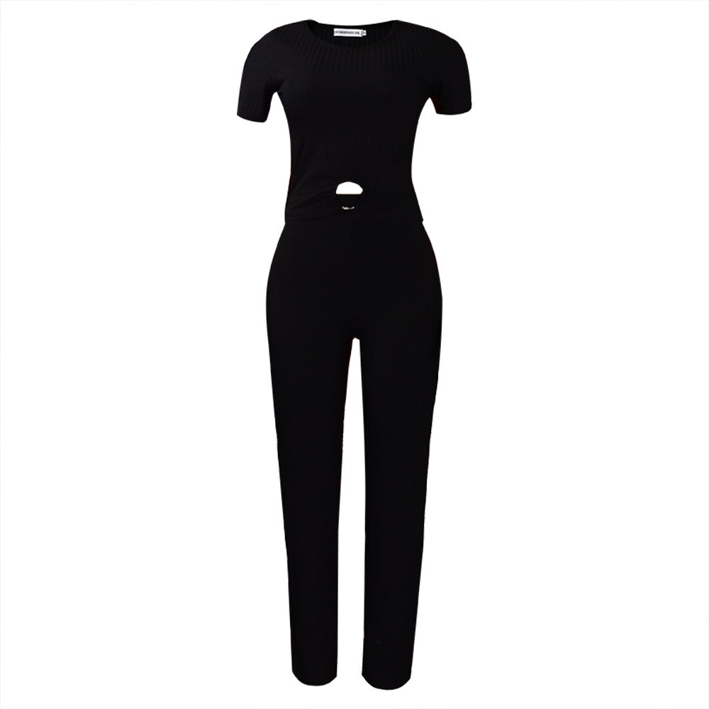 D277 cross-border sourcing:   summer new arrival - solid color ribbed casual fashion set, european and american style two-piece outfit