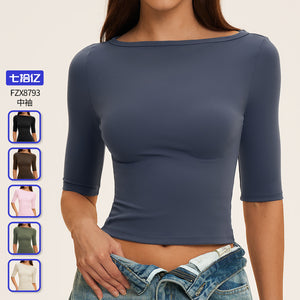 exclusive brushed yoga tops for women, high elastic waist, sports mid-sleeves, outdoor running yoga clothes 8793