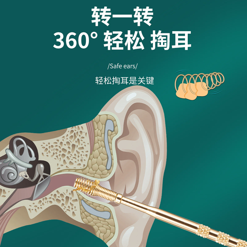 Stainless steel ear scoop anti-skid design anti-injury ear canal set ear scoop earwax spiral ear scoop household ear scoop cover