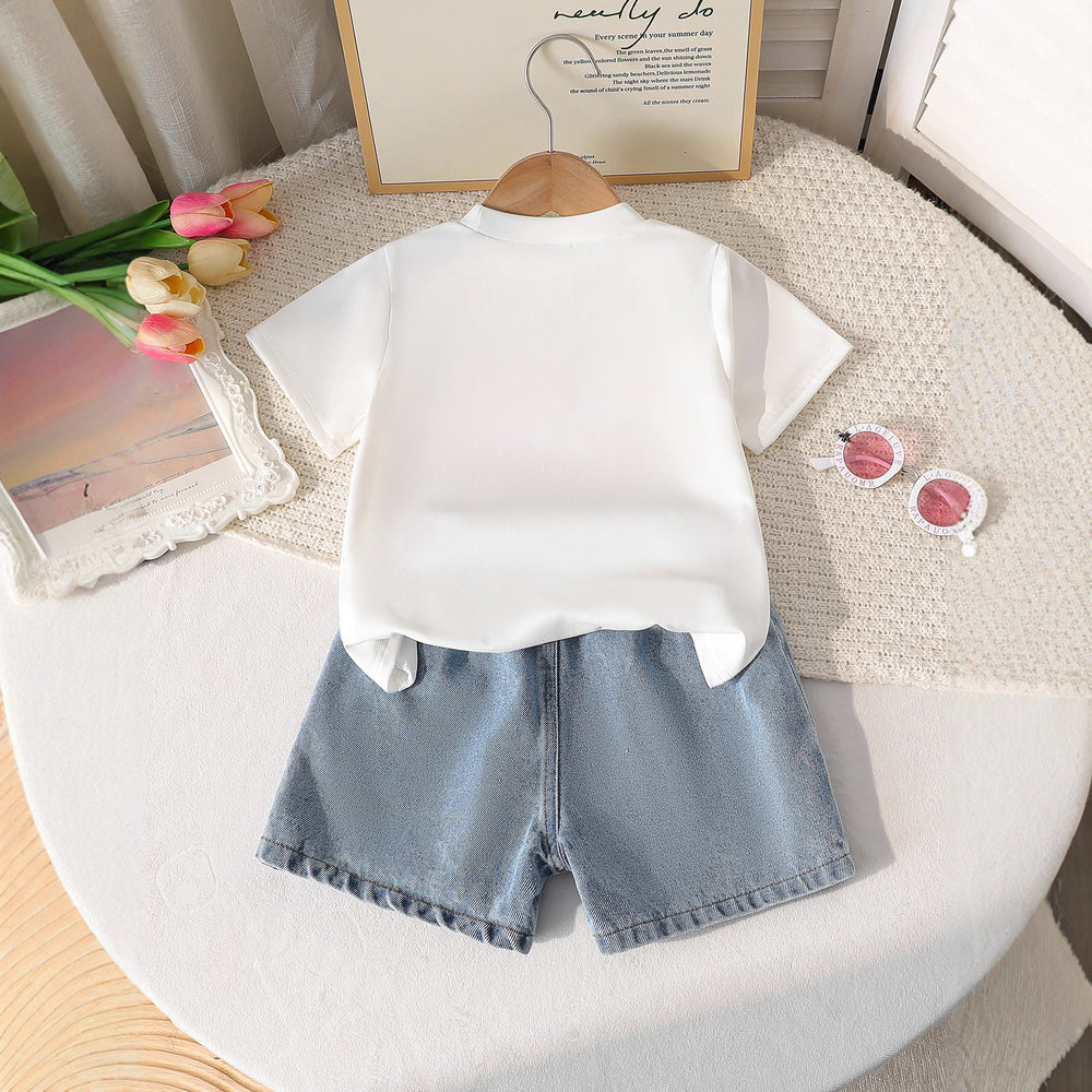 new product girl european and american style heart t-shirt + washed jeans suit