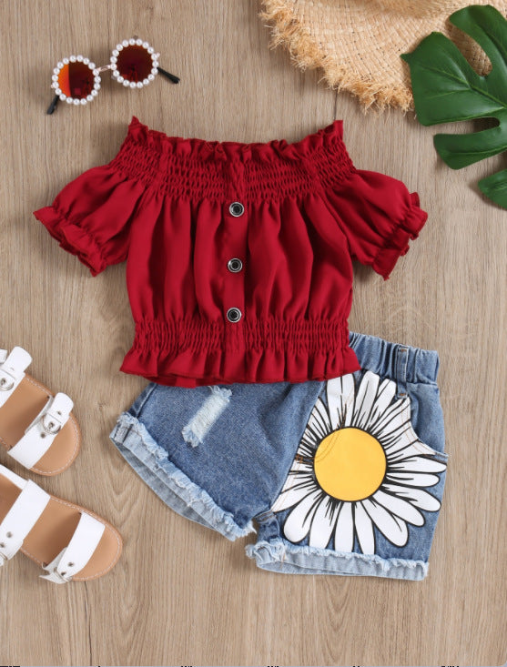 hot selling girl's one-piece collar high elastic cuff washed hole flower denim short girl's suit