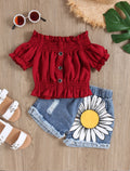 hot selling girl's one-piece collar high elastic cuff washed hole flower denim short girl's suit