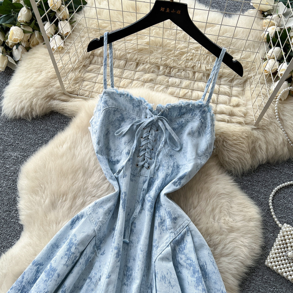 Sweet girly style tie-waist a-line denim mini dress - summer slimming & age-defying