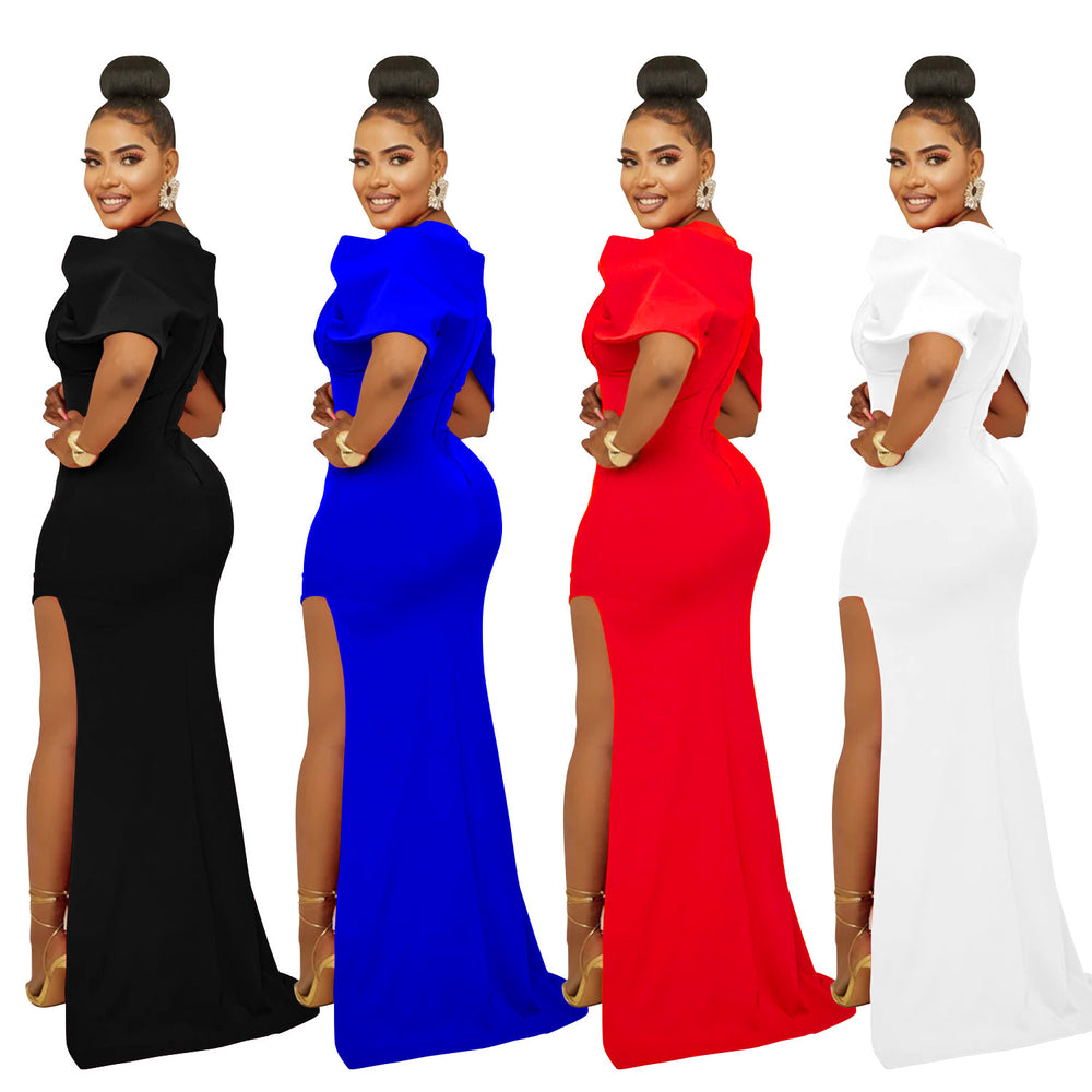 C6637 cross-border   fashion women's solid color v-neck ruched high-slit maxi dress