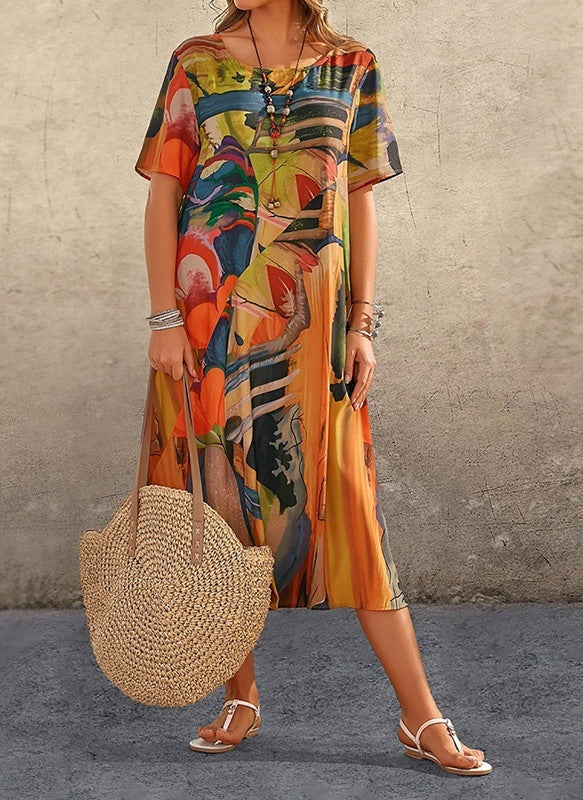 european and american cross-border fashion casual printed dress - summer short sleeve tie-waist round neck loose beach maxi dress