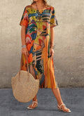 european and american cross-border fashion casual printed dress - summer short sleeve tie-waist round neck loose beach maxi dress