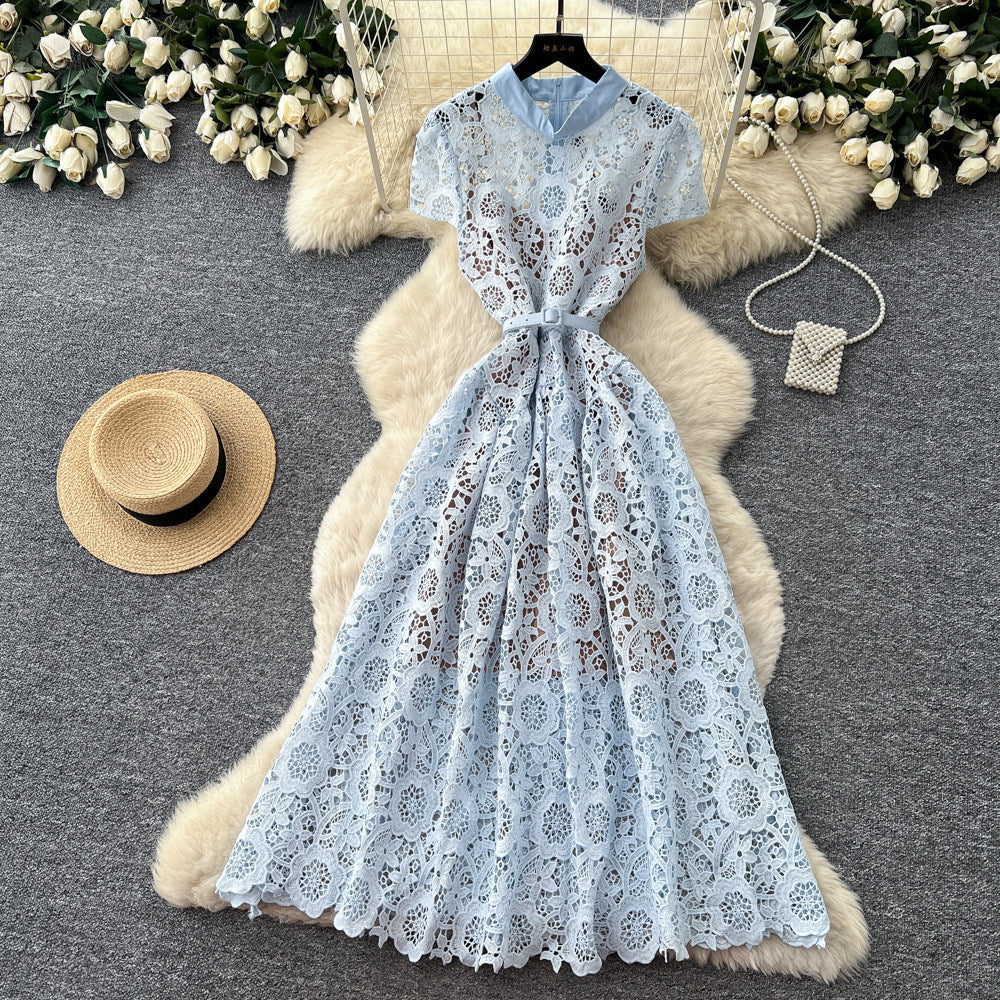 Korean style lace hollow-out sweet design dress - women's summer high-waisted a-line dress - commute-friendly, elegant, and chic maxi dress