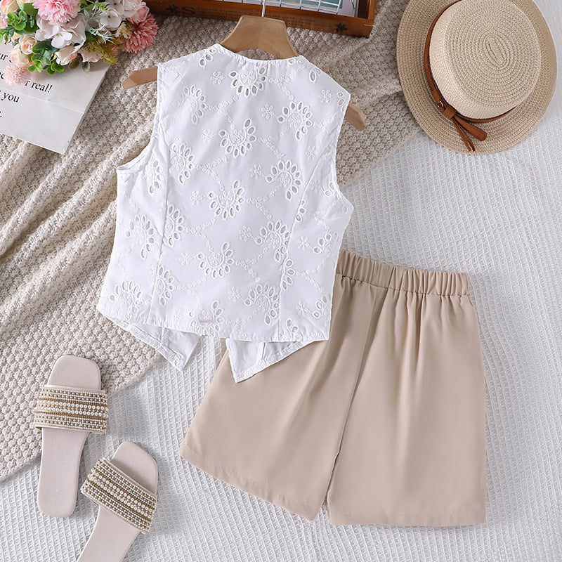 girls' outfit:  spring/summer new arrival - elegant v-neck crochet vest and casual shorts two-piece set