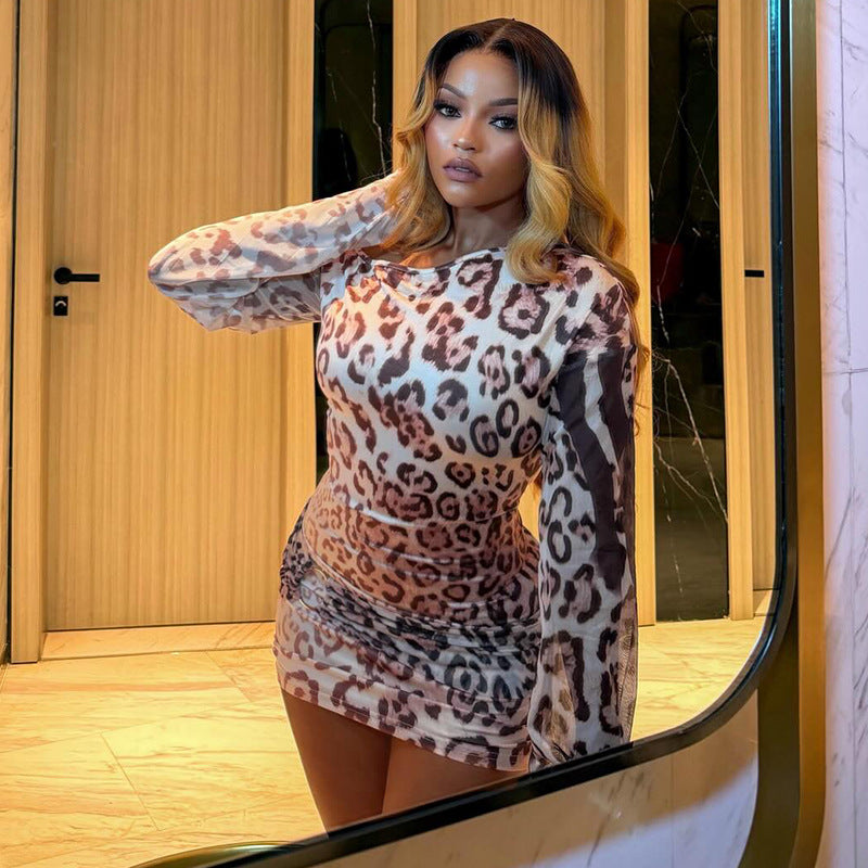 European and american style cross-border fashion leopard print women's bodycon mini dress - asymmetrical neck, long sleeves, hot girl style - hot seller