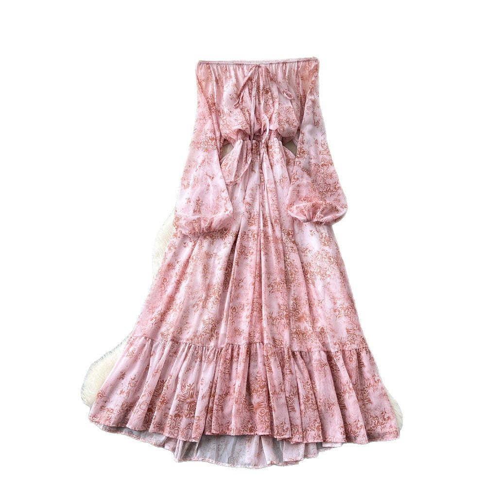 French chic tie-waist floral print dress - women's elegant one-shoulder long sleeve maxi dress
