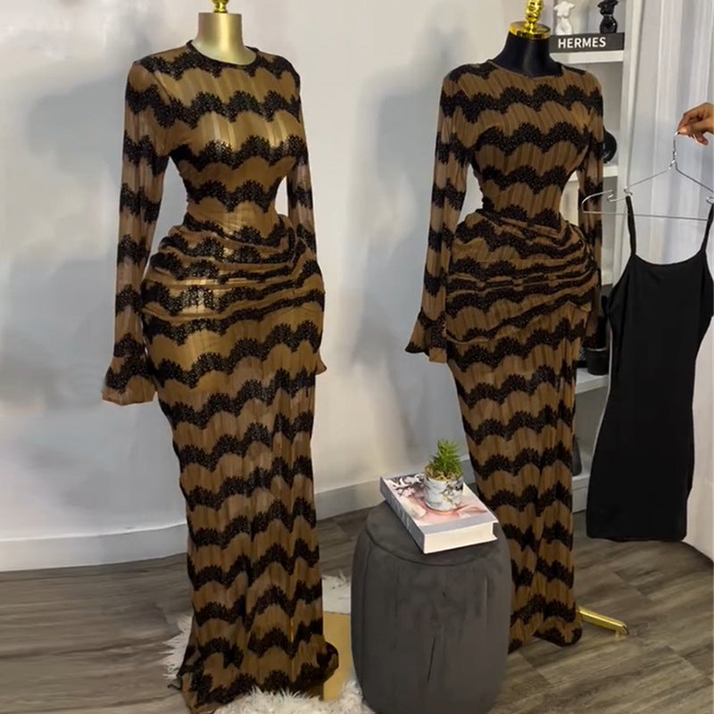 European and american women's clothing  summer new sweet and fresh striped round neck long sleeve high waist maxi dress