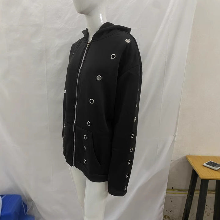 Fashion cross-border trend iron ring cut out men's and women's same style loosecardigan zipper hooded sweatshirt eyelet designsuit