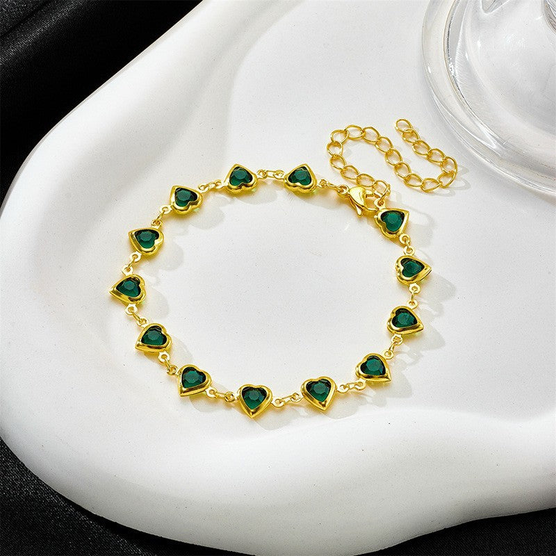 European and american cross-border new arrival: fashionable retro green heart crystal bracelet - unique, versatile green bracelet jewelry
