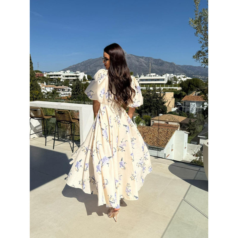 Ebay  fashionnew arrival short-sleeved printing strap large swing dress