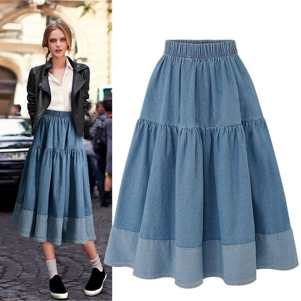 European and American large-size spring clothing 2023 large-size elastic waist casual versatile skirt splicing denim skirt  women's clothing