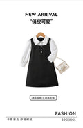 Girl fake two-piece vest dress small fragrant style cutelong sleevesshirtkids black and white patchworkvest long skirt