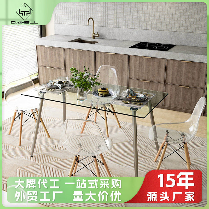 Glass dining table modern casual table living room 4 people 6 people rectangular tempered glass dining table and chairs