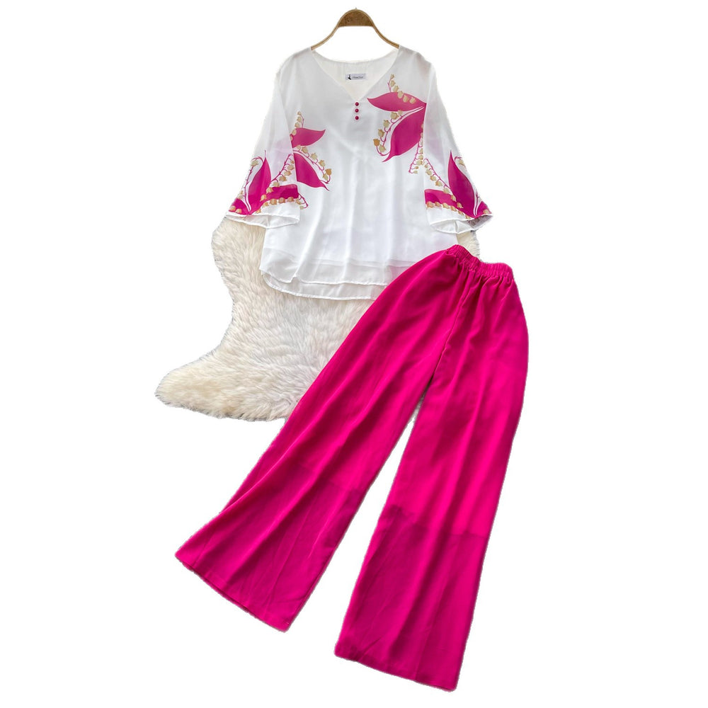 Commuting style casualprintingv necktopshigh waistloose pants women's summerslimming looktwo-piece setdrapedfashionsuit