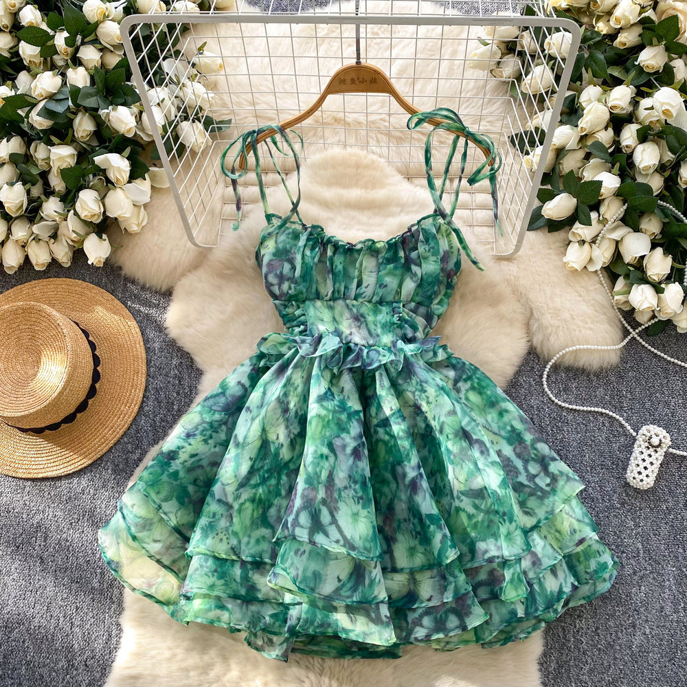 Birthday dress for women, french sweet, palace style, waist slimming look, elegant suspender mesh printing puffy dress