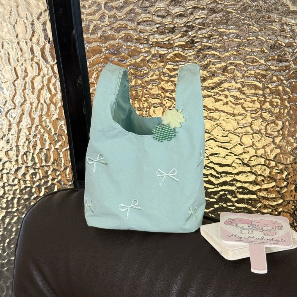 Mint green bow embroidered handbag - girly, portable mini tote bag for everyday commuting, cute storage pouch, exquisite design