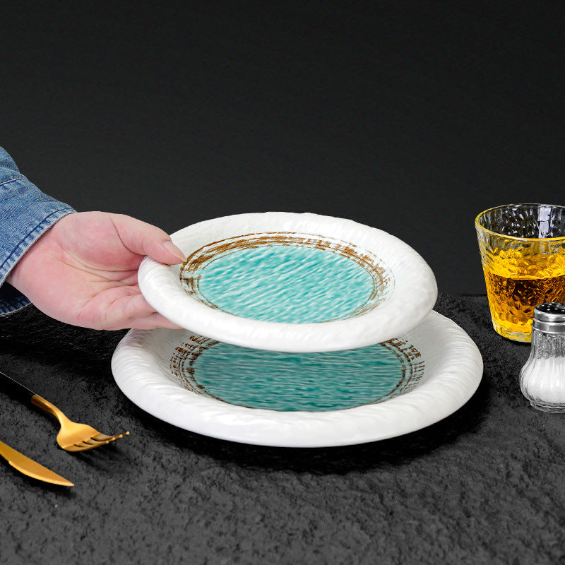 Japanese minimalist ink wash painting ceramic dinner plate - creative, round, ruffled edge, high-end plating for western cuisine, ideal for restaurants and hotels