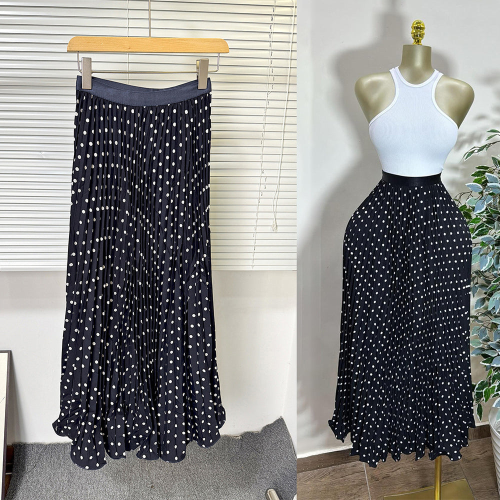 Classic fashion pleated polka dot midi skirt - french sweet style, versatile high-waisted a-line skirt