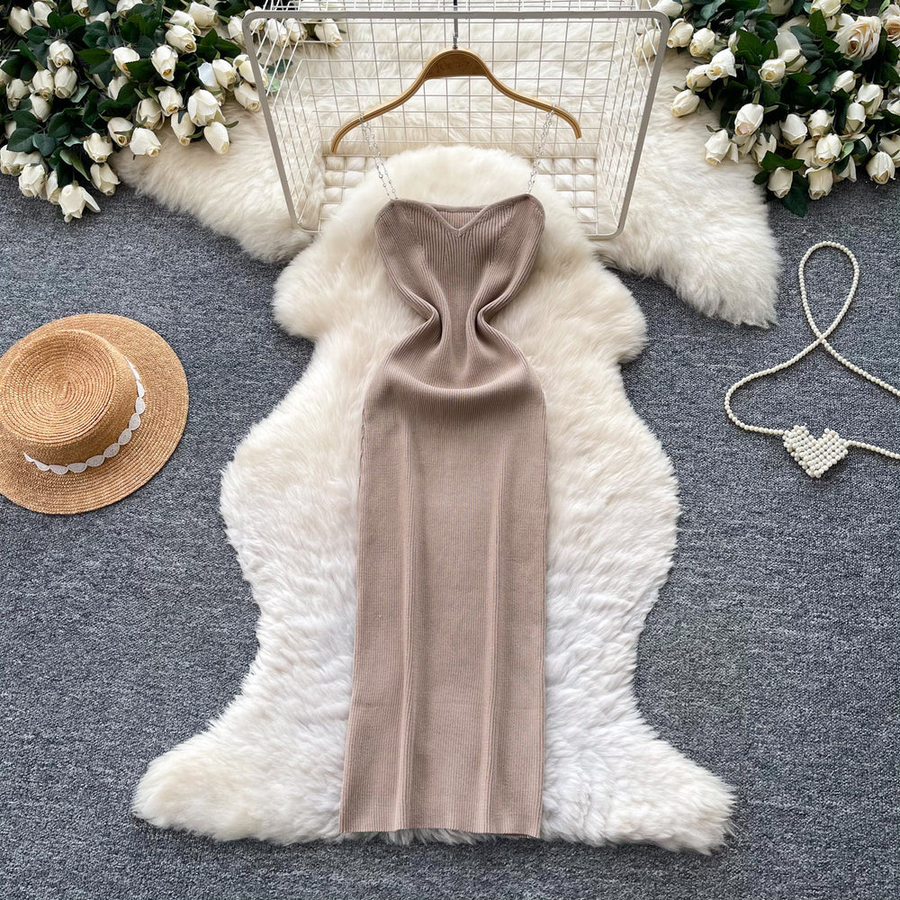 Luxury sleeveless chain strap knit dress - women's summer slimming sexy a-line dress - commute-friendly high-end maxi dress
