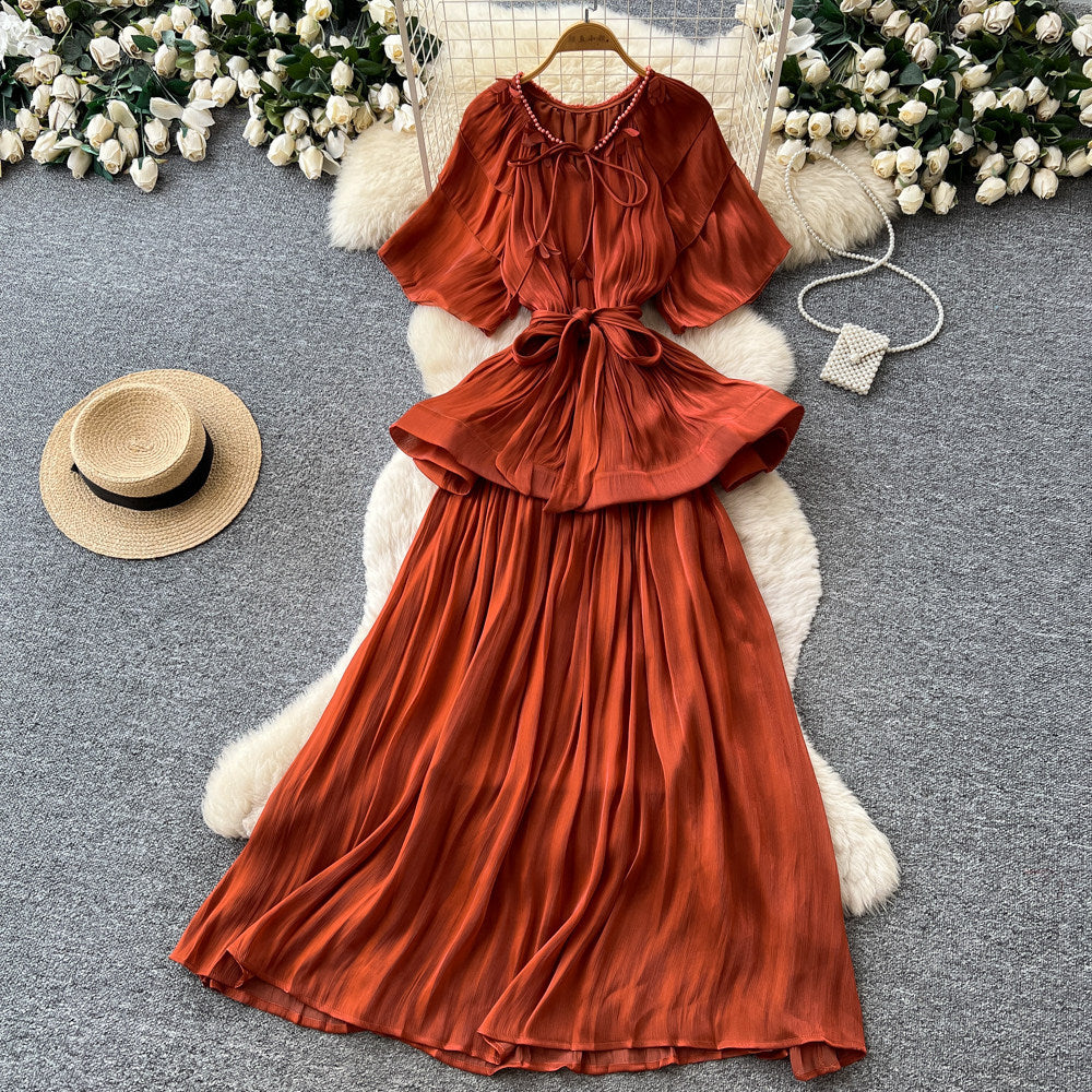 Thousand gold wind pressure pleated elegancenobledress women's summer strap waist slimming look a-line large swing skirt orange classy