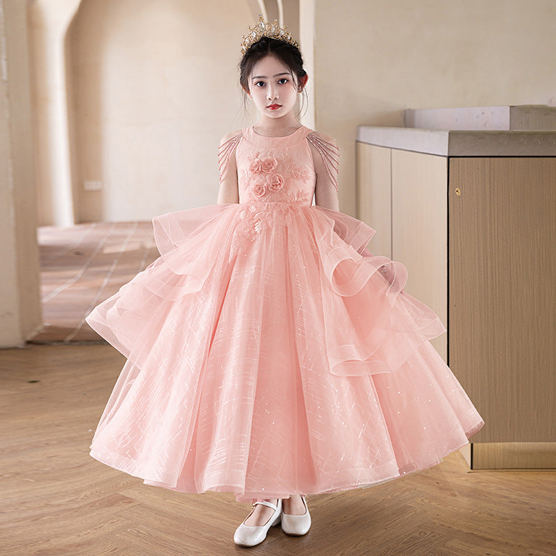 Black high-end children's evening gown, girls' princess dress, fluffy tulle, stylish hostess outfit, student violin performance costume