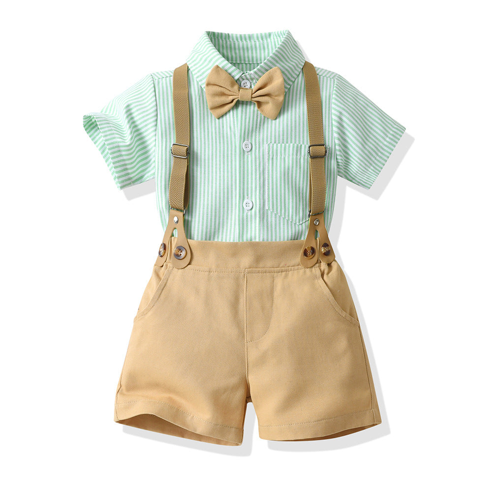 Boys' summer outfit set, new cotton short-sleeve striped shirt, first birthday dress, wholesale summer children's clothing