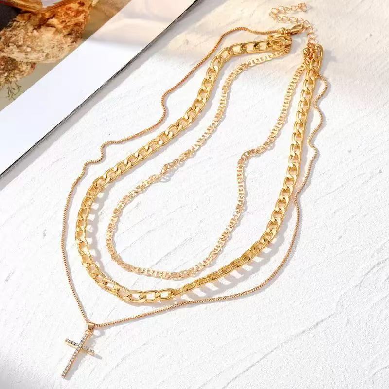 Fashion cross-border hot-selling multi-layered necklace stylish full diamond multi-layered cross pendant necklace clavicle chain