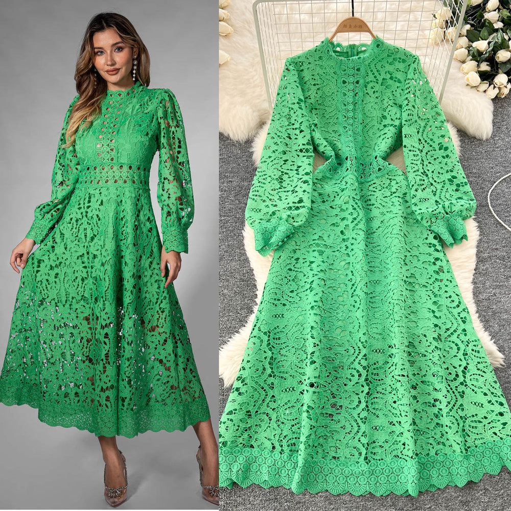 Classyelegancelacedressnew arrivalcut out crochet waist lantern sleeve long sleeves waist dress