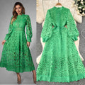 Classyelegancelacedressnew arrivalcut out crochet waist lantern sleeve long sleeves waist dress
