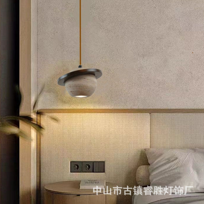 Yellow travertine bedroom bedside chandelier modern minimalist wabi wind Internet celebrity long line single head small hanging lamp bar Zhongshan